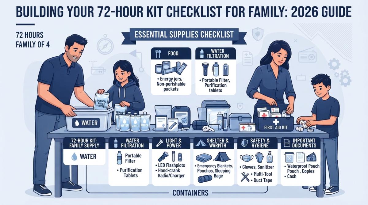 Family members organizing emergency supplies into waterproof containers on a living room table, with labeled items including flashlights, first aid kits, non-perishable food, water bottles, and important documents clearly visible