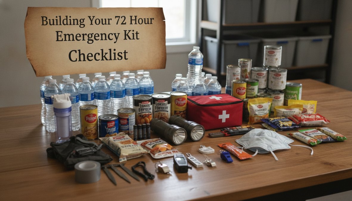 Well-organized emergency supply kit laid out on wooden table showing bottled water bottles, non-perishable food items, first aid kit, flashlights, batteries, and other survival gear clearly visible