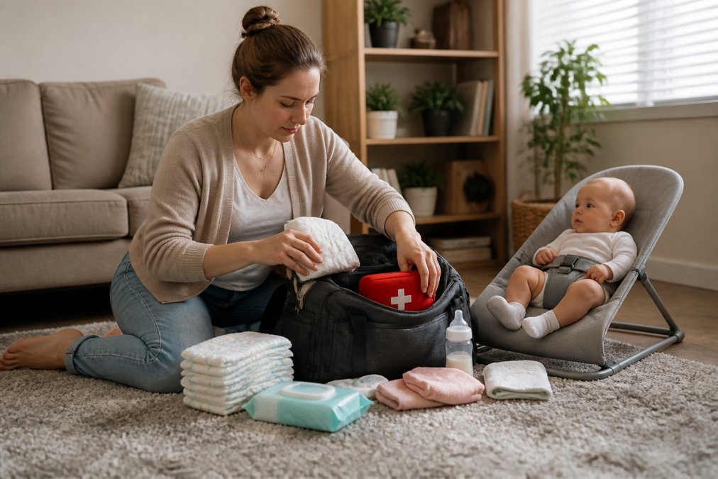 Parent packing a baby supply bag for an emergency preparedness checklist while a child sits in a bouncer nearby.