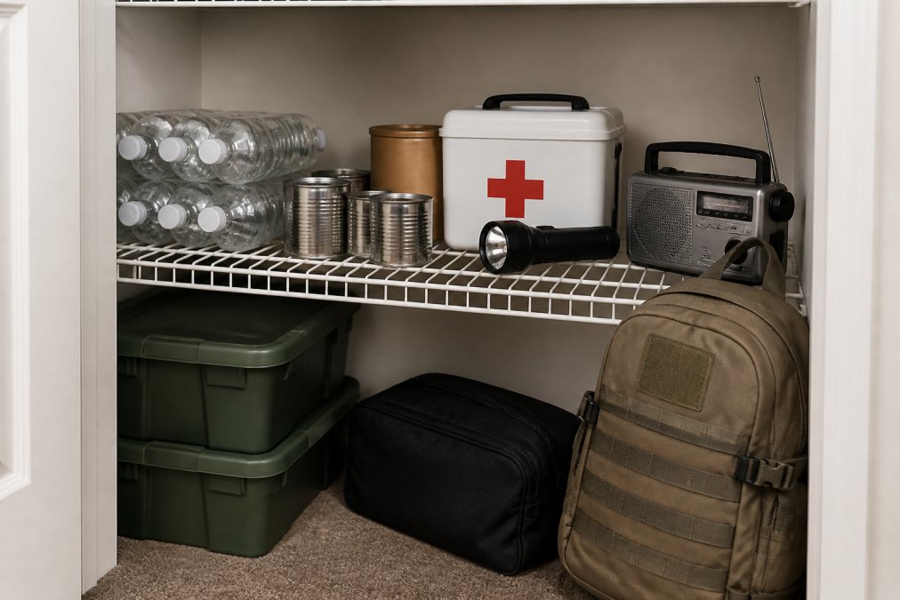 Emergency supplies like water, food, and a radio organized on a shelf for apartment emergency preparedness.