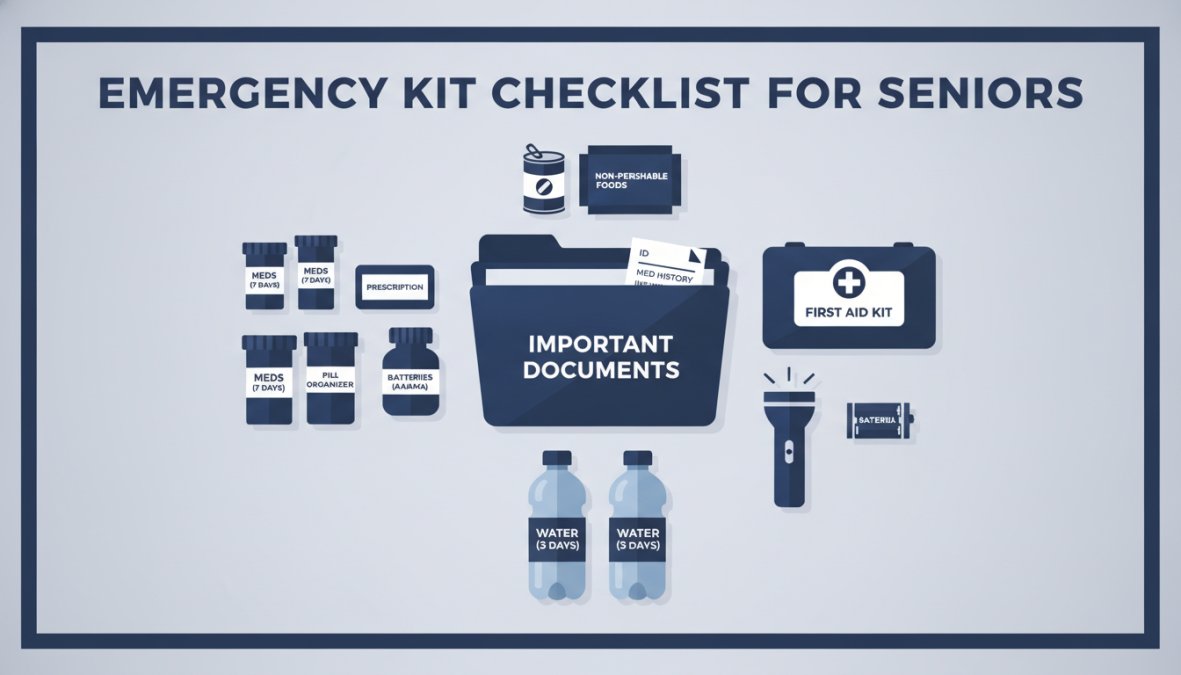 Professional illustration showing emergency preparedness for elderly relatives