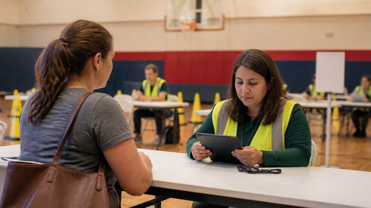 A school staff member at a reunification table checking a tablet while a parent waits nearby in a school gymnasium set up with tables and signage