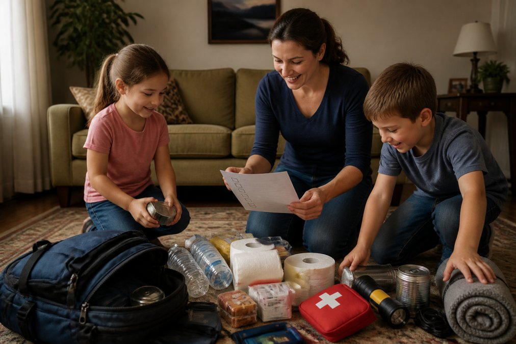 A parent and two young children searching for emergency supplies in a living room, holding a printed checklist, smiling and engaged in the activity