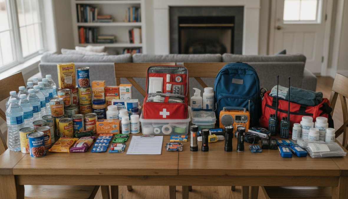 Professional illustration showing emergency preparedness guide for families