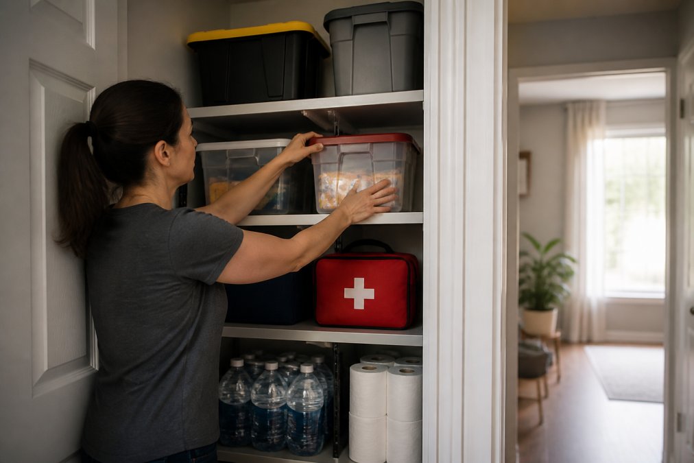 A person organizing emergency supplies on adjustable shelving in a small apartment closet, with stacked water containers and a first aid kit visible, soft daylight from an open door