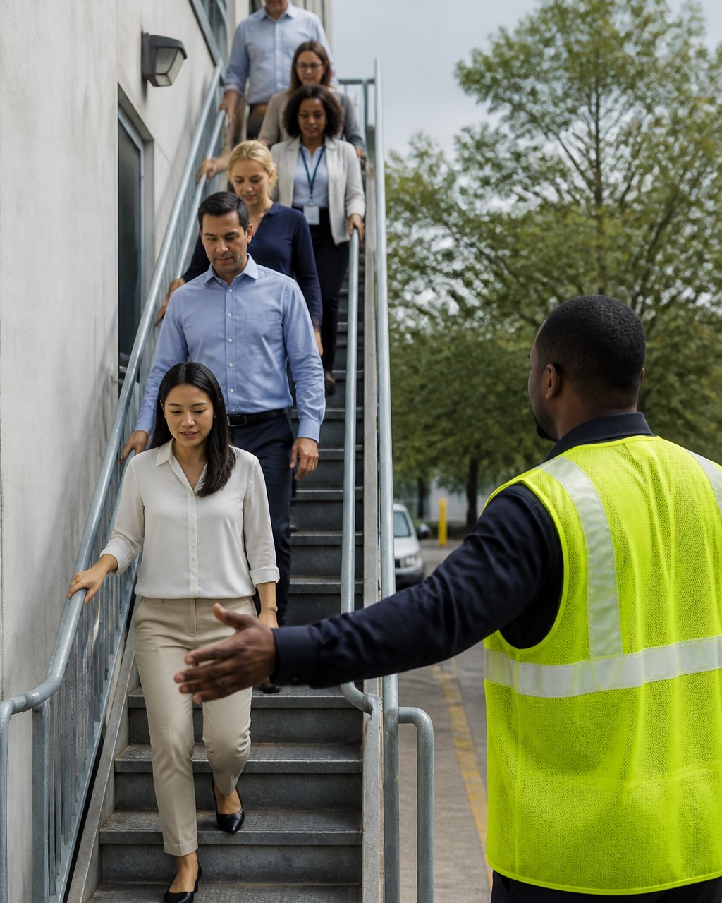 Staff and employees follow a high-visibility guide during an emergency preparedness planning evacuation drill.