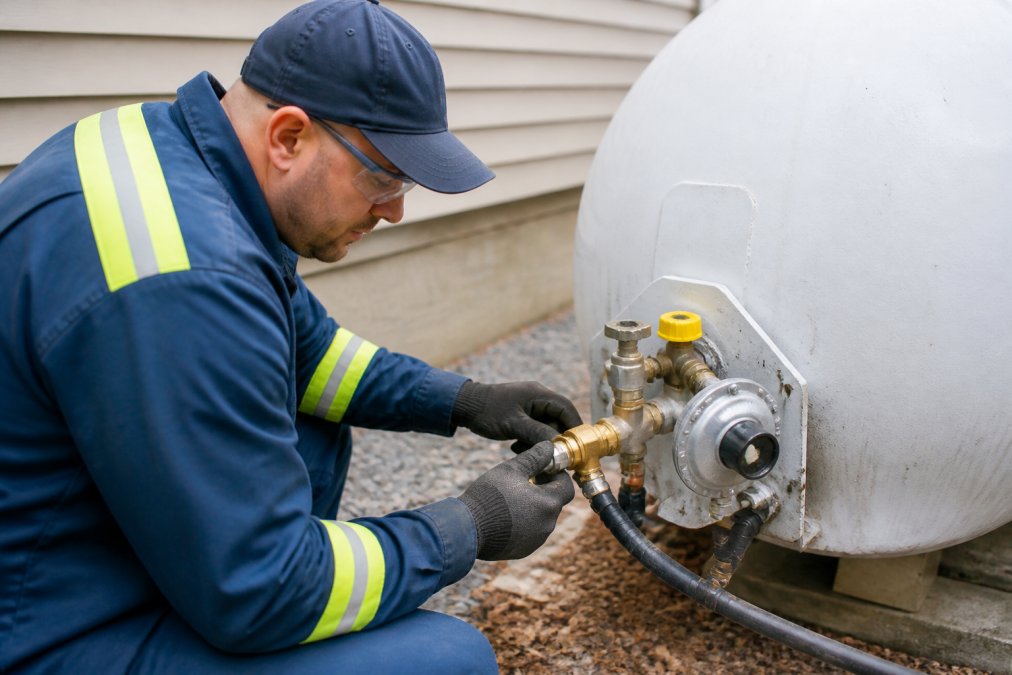 A propane technician in safety gear inspecting connection points and the regulator on an outdoor residential propane tank during a routine safety check, with focus on the brass fittings and gas line connections