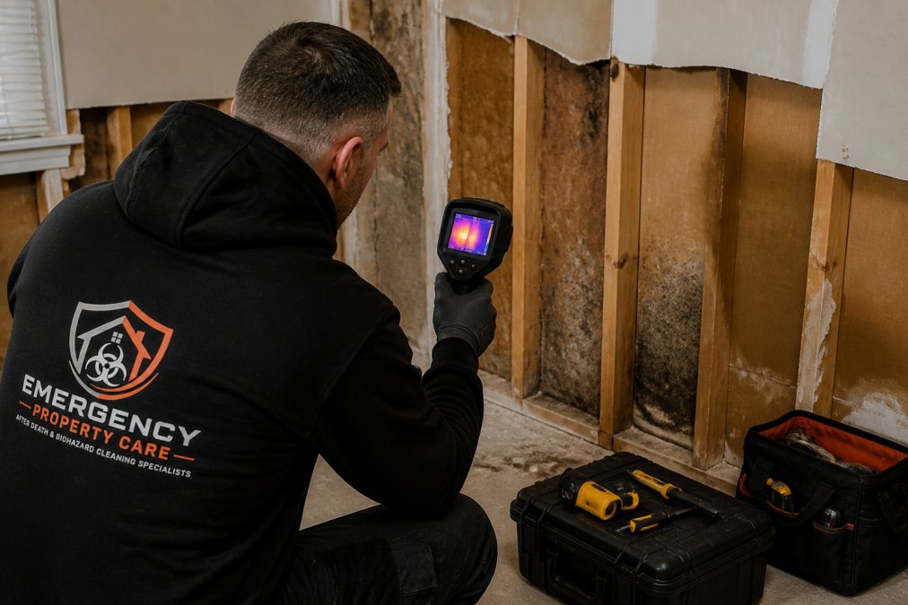 Professional restoration technician using thermal imaging camera to detect hidden moisture in residential wall cavity, with moisture readings visible on handheld device in dimly lit room