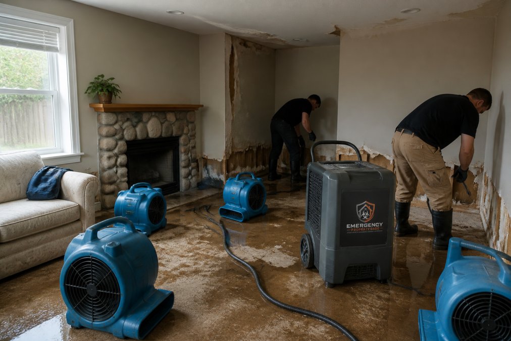 Team of restoration technicians operating large industrial dehumidifiers and air movers in flooded residential room, with equipment positioned strategically around water-damaged walls and carpeting