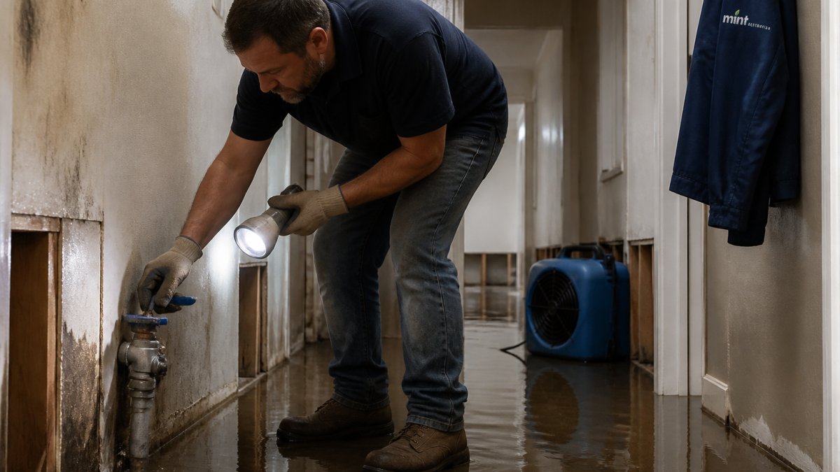 A homeowner in work gloves and boots standing in a flooded hallway, shutting off a water valve with a flashlight in hand, wet drywall and a box fan visible in the background