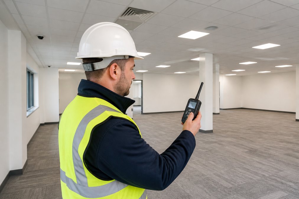 A technician in a white hard hat holding a handheld air quality monitoring device inside a restored commercial building with clean, dry walls, bright overhead lighting, and a clear floor