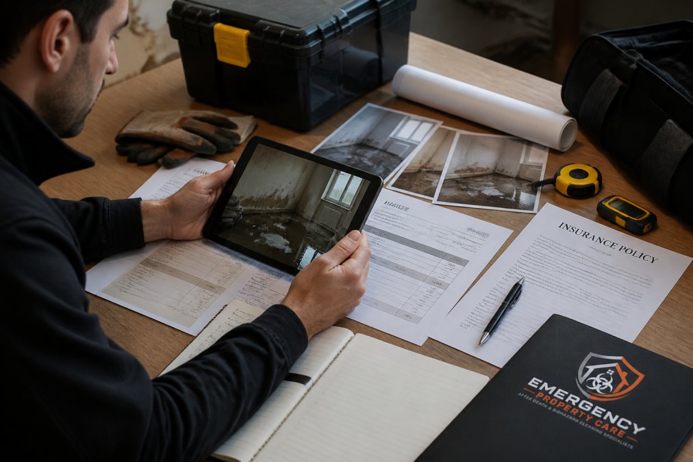 Landlord reviewing property damage documentation on tablet device, with printed photographs and restoration invoices spread on desk, insurance policy document visible