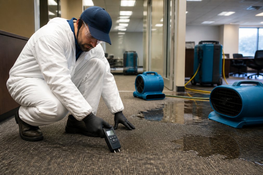 A restoration technician in protective gear using a moisture meter on a wet commercial office carpet while industrial drying equipment and air movers run in the background