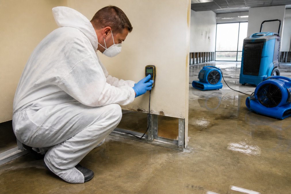 A restoration technician in protective gear using a moisture meter on a commercial office wall, with industrial air movers and a dehumidifier set up nearby in the background