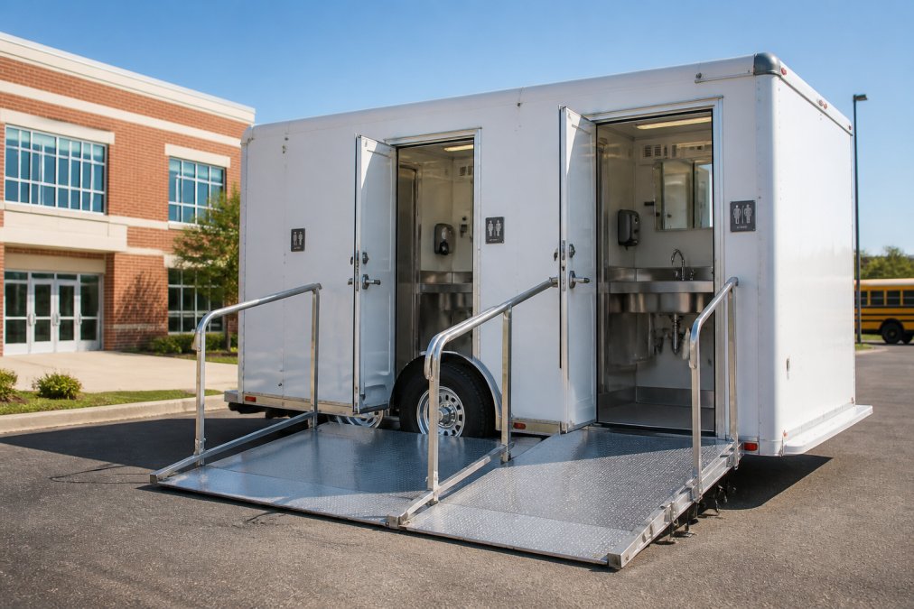 Exterior view of a clean, white modern restroom trailer parked on a school campus with its ramp fully extended, doors open to reveal a well-lit interior with stainless fixtures and running water sink, photographed in bright afternoon sunlight