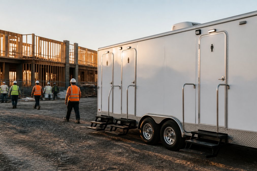 A modern, climate-controlled restroom trailer parked on an active construction site with workers in the background, late afternoon light