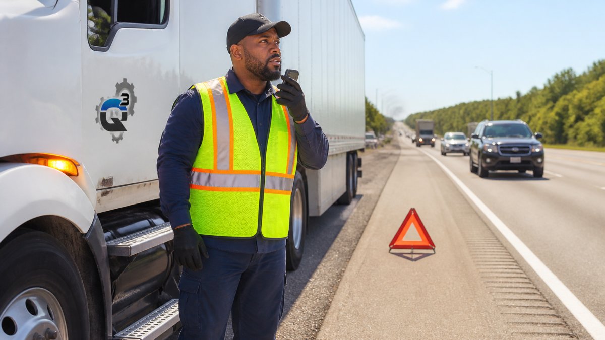 Commercial truck driver standing safely near vehicle on shoulder of highway with hazard lights activated, wearing safety vest, holding communication device