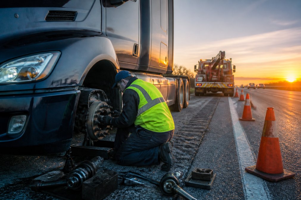 Technician performing emergency roadside assistance for semi trucks on a highway shoulder at dusk