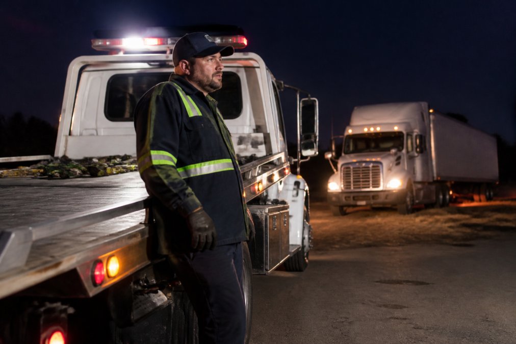 Tow operator providing emergency roadside assistance for trucks to a stranded semi-truck at night