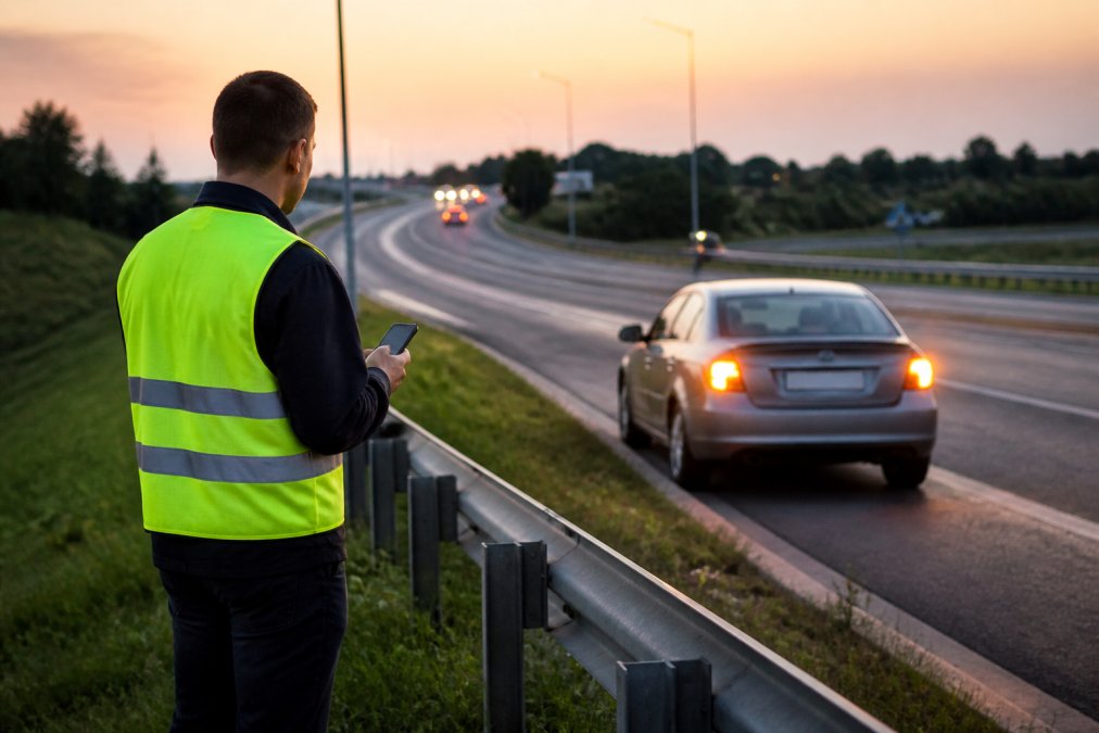A driver in a reflective safety vest standing behind the guardrail of a highway on-ramp at dusk, looking at a disabled sedan with hazard lights on, phone in hand
