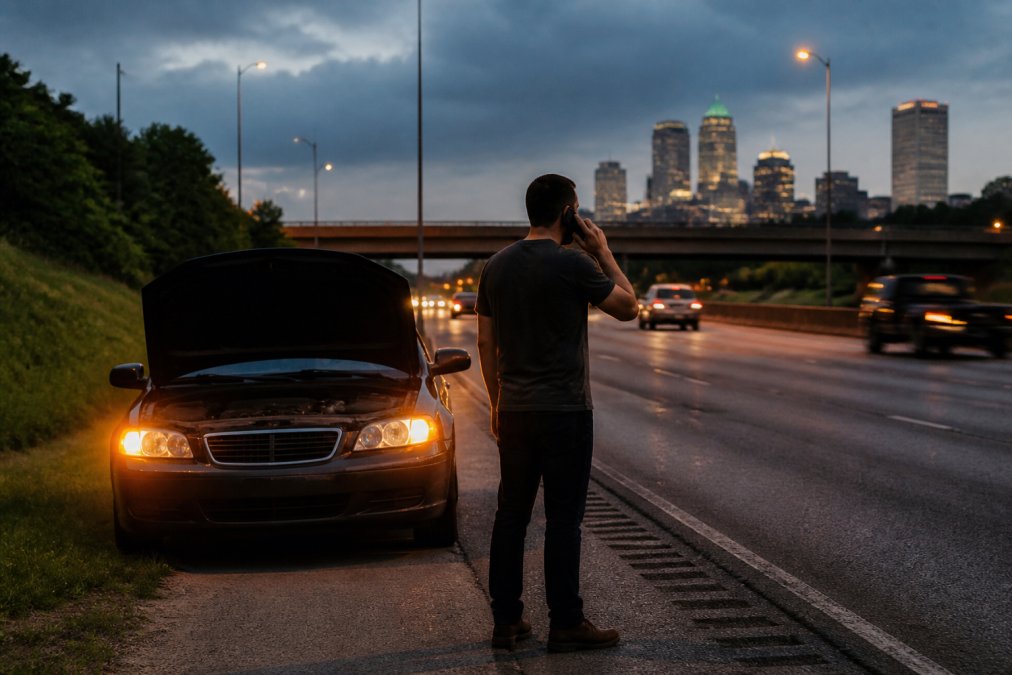 A vehicle pulled safely onto the shoulder of a Tulsa highway with hazard lights blinking, driver standing safely away from traffic using a cell phone to call for emergency roadside assistance