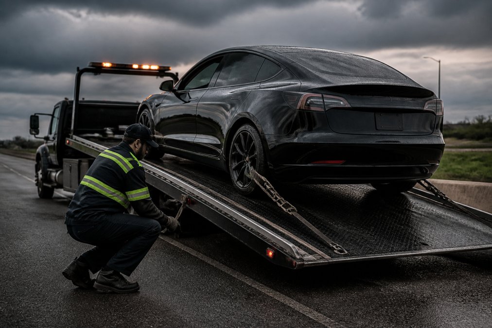 A Tesla or electric vehicle being carefully loaded onto a flatbed tow truck using specialized equipment and proper securement procedures, with technician monitoring alignment