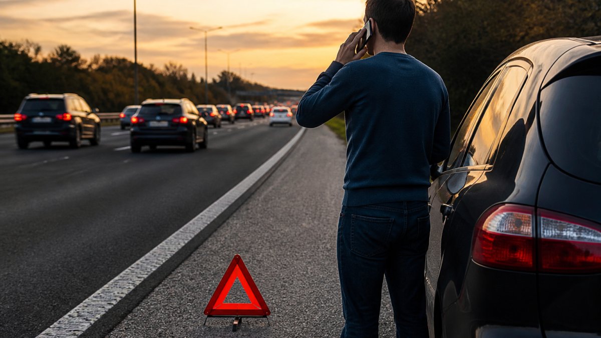 A driver standing safely on the hard shoulder of a busy motorway at dusk, holding a phone to their ear, with a warning triangle placed behind the vehicle and traffic passing in the background