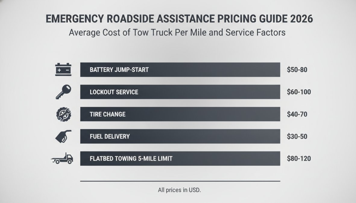 Bar chart comparing towing service costs: battery jump-start $50-80, lockout service $60-100, tire change $40-70, fuel delivery $30-50, flatbed towing 5-mile limit $80-120
