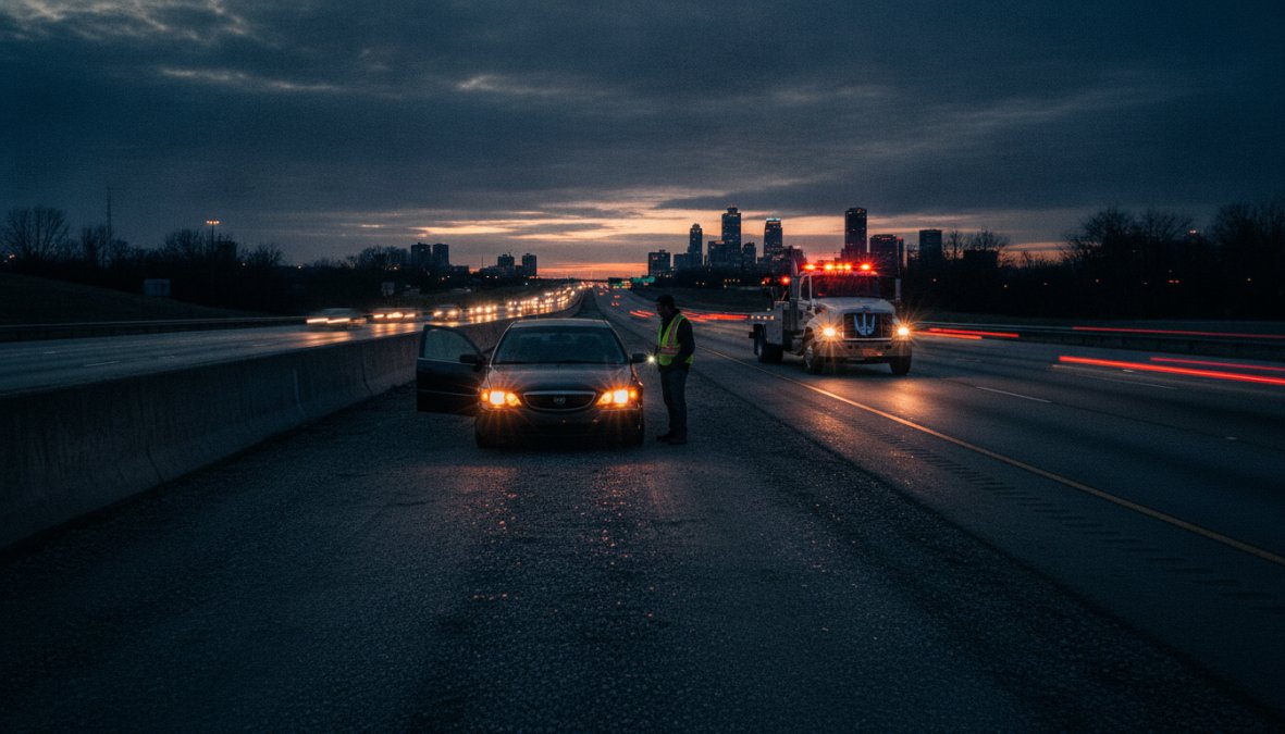 A driver standing safely outside their disabled vehicle on the shoulder of a highway, with hazard lights flashing and a tow truck approaching in the distance