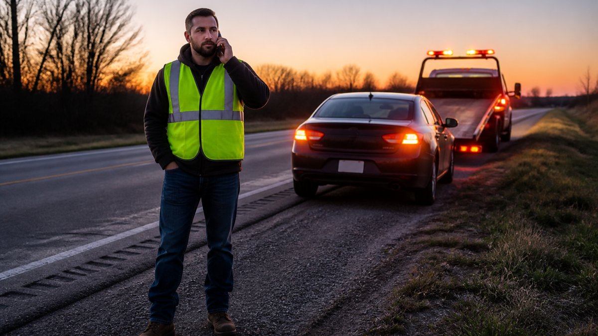 Driver standing safely outside vehicle on roadside at dusk with hazard lights visible, wearing a reflective vest while waiting for roadside assistance
