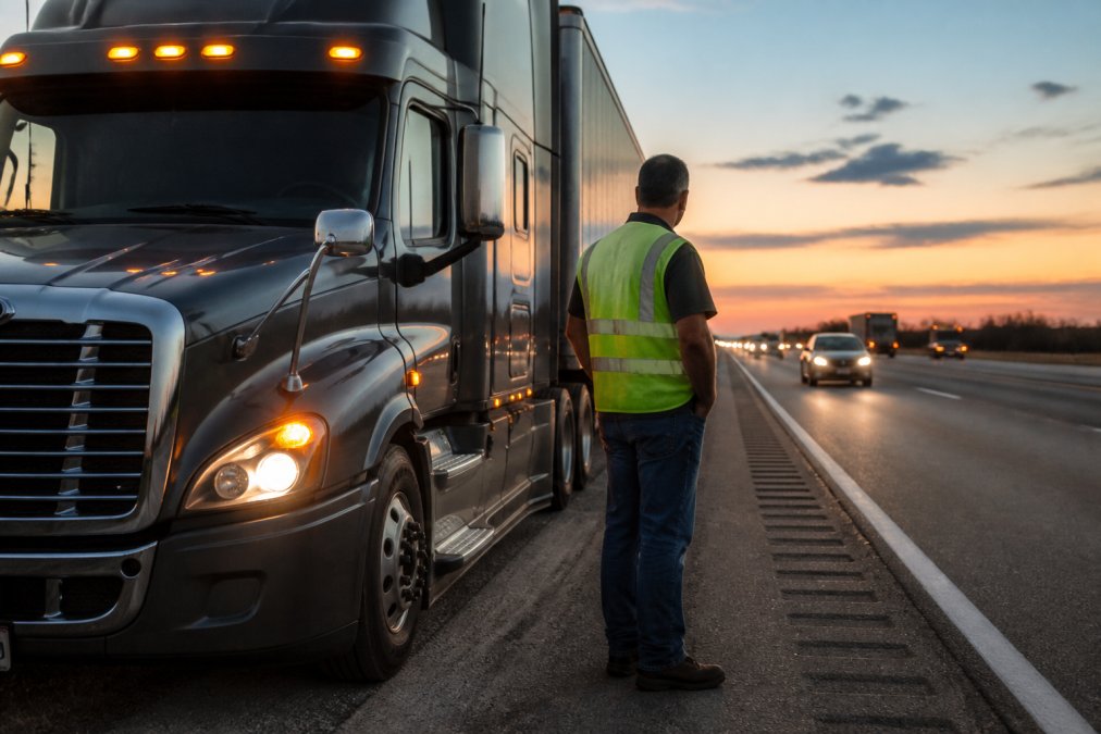 A semi truck parked safely on the highway shoulder with hazard lights activated, driver standing at a safe distance from traffic wearing a high-visibility safety vest, evening light with vehicles passing in the distance