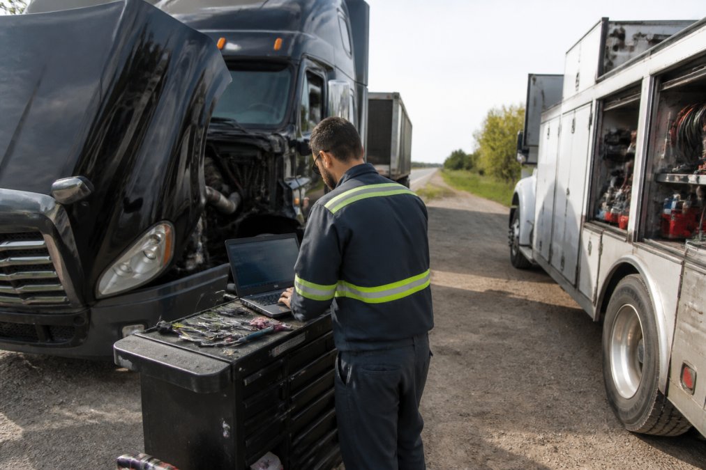 A mobile service truck with professional branding parked next to a disabled semi truck on the roadside, a diesel technician in work uniform performing diagnostics with computer diagnostic diagnostic equipment visible on a portable workstation, daylight with clear visibility