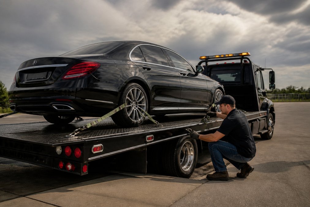 Professional flatbed tow truck with luxury sedan being carefully loaded using proper securement straps and equipment, showing damage-free towing technique in daylight