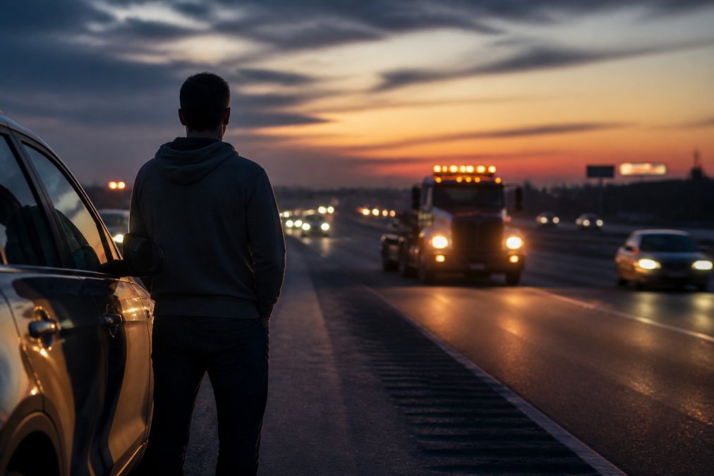 Driver standing safely on the shoulder of a busy highway at dusk, tow truck approaching with its lights on in the distance, showing a realistic roadside emergency scenario
