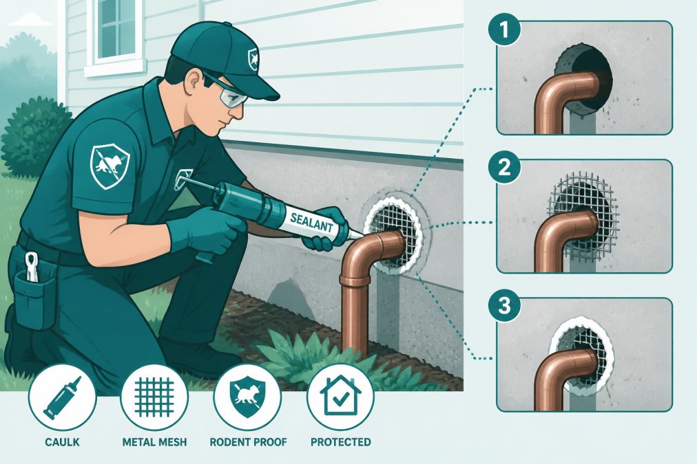Licensed pest control technician using caulk and metal mesh to seal a gap around a copper water pipe where it enters the foundation wall of a residential home, showing proper sealing technique in daylight