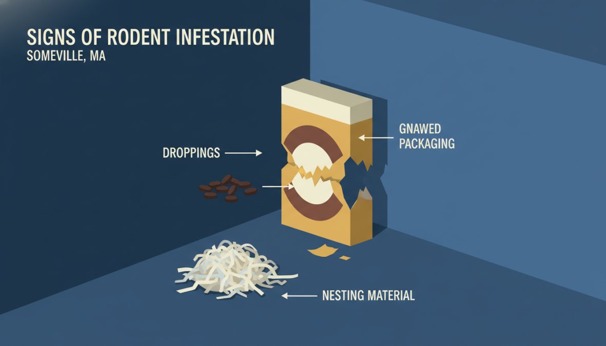 Close-up photograph of a dark corner of a basement showing rodent droppings scattered across the floor, gnawed corners of a cardboard food box, and a small nest made of shredded paper and insulation tucked behind a water pipe, lit by a single overhead work light