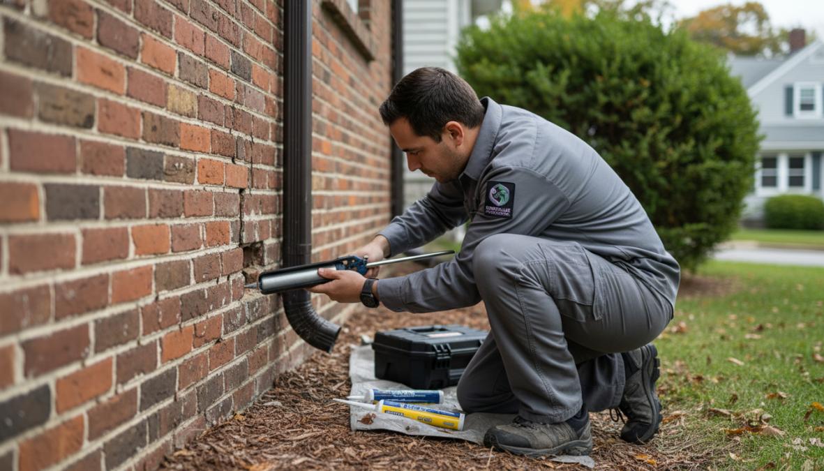 A pest control technician in a branded uniform crouching beside the brick foundation of an older Somerville row house, pressing a caulking gun into a visible gap around a copper pipe entry point, with morning light casting a shadow across the worn foundation