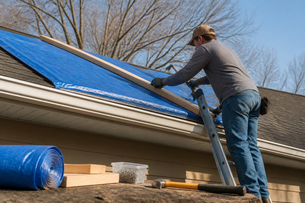 A homeowner wearing work gloves securing a blue polyethylene tarp over a roof ridge with 2x4 lumber and nails, viewed from a safe position on a ladder in daylight