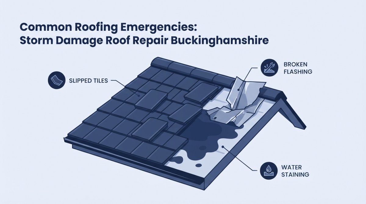 Close-up of damaged roof showing slipped clay tiles, broken metal flashing around chimney, and exposed dark underlay with water staining after severe storm damage