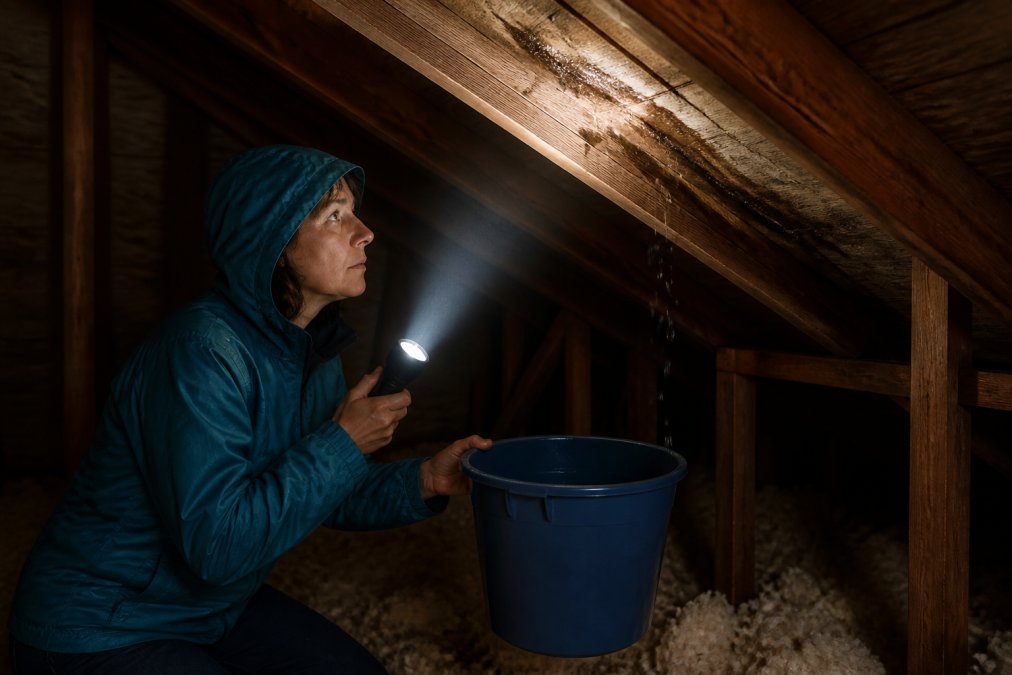 Homeowner in a rain jacket placing a bucket under an emergency roof leak in a dim, wet attic.