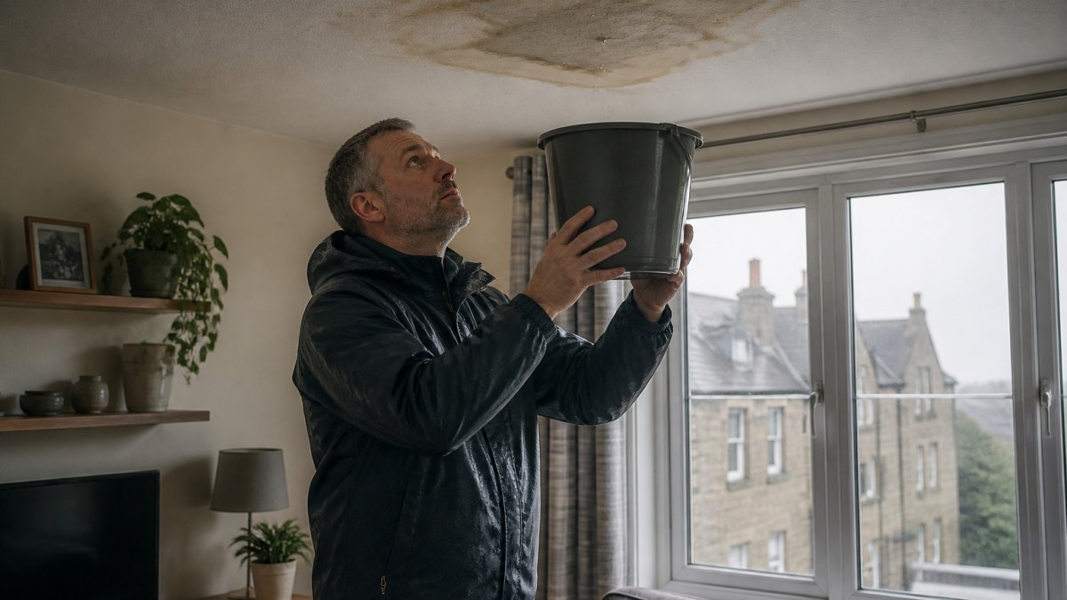 Homeowner placing a bucket under a ceiling leak to manage an emergency roof repair until professional help arrives.