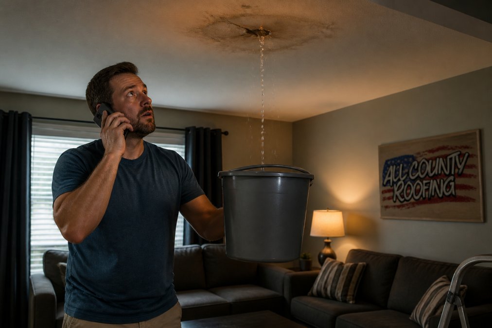 A homeowner in casual clothes placing a bucket under a ceiling leak, with a phone in hand, in a dimly lit living room