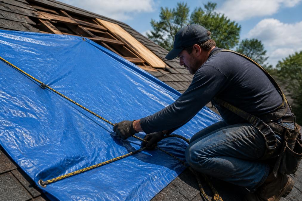 Roofer securing blue tarp across damaged roof section with rope and fasteners during daylight, residential home visible below