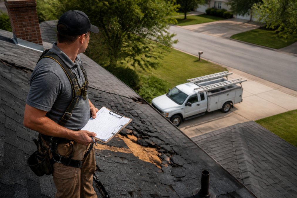 Contractor in safety gear inspecting storm damage for an emergency roof repair with a service truck nearby