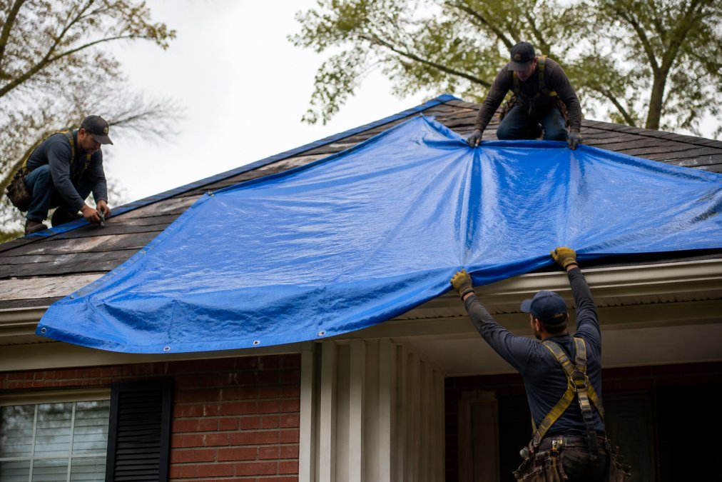 Roofing crew installing blue tarp over damaged residential roof section with proper securing and fastening