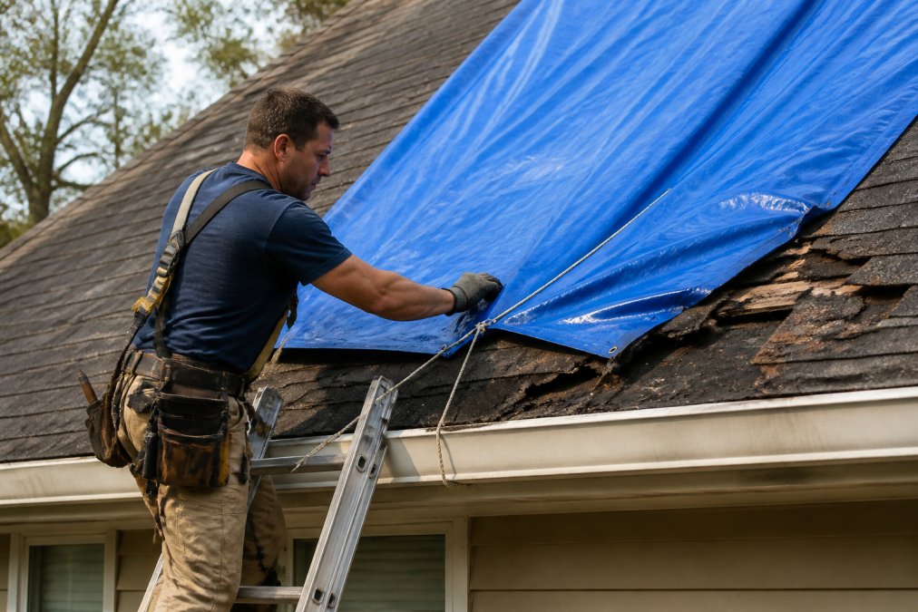 Professional roofer securing heavy-duty blue tarp across storm-damaged roof section with rope and fasteners, working from ladder against damaged shingles in daylight