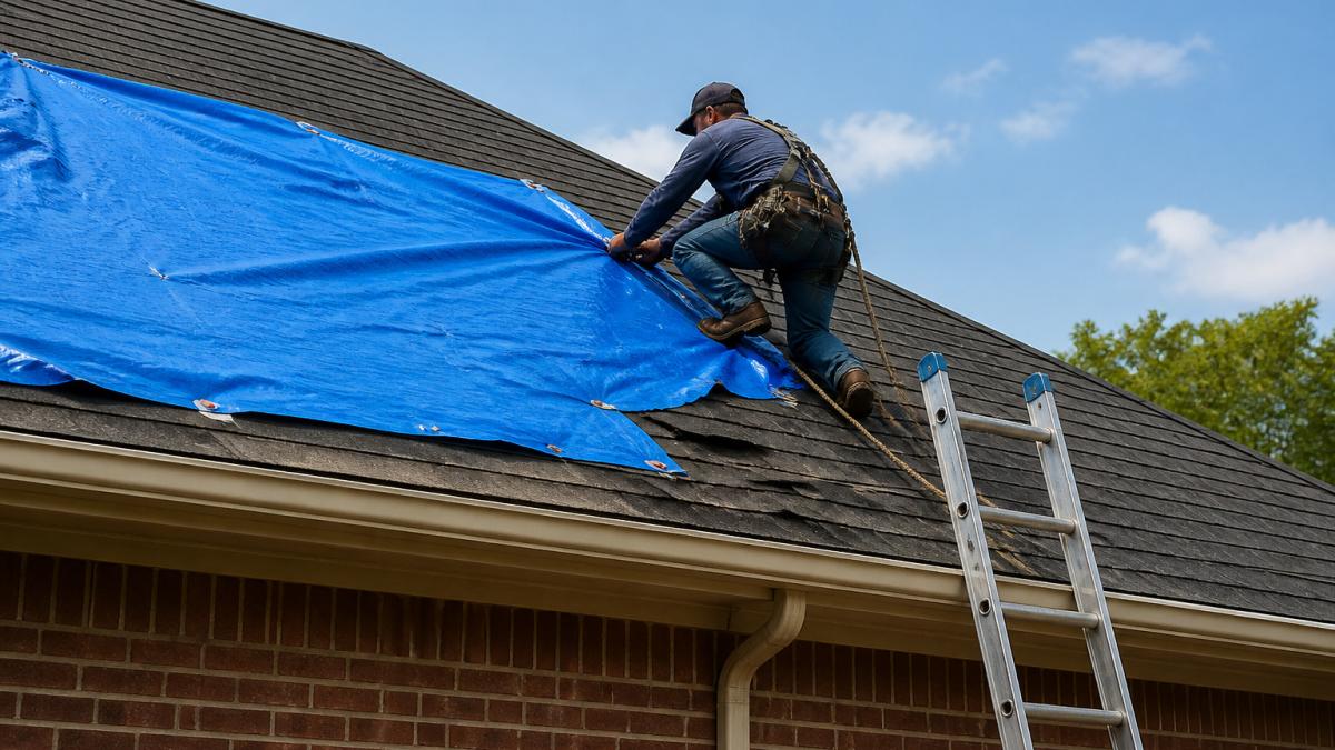 A roofing technician secures a blue tarp on a steep roof, a factor that influences roof tarping cost.