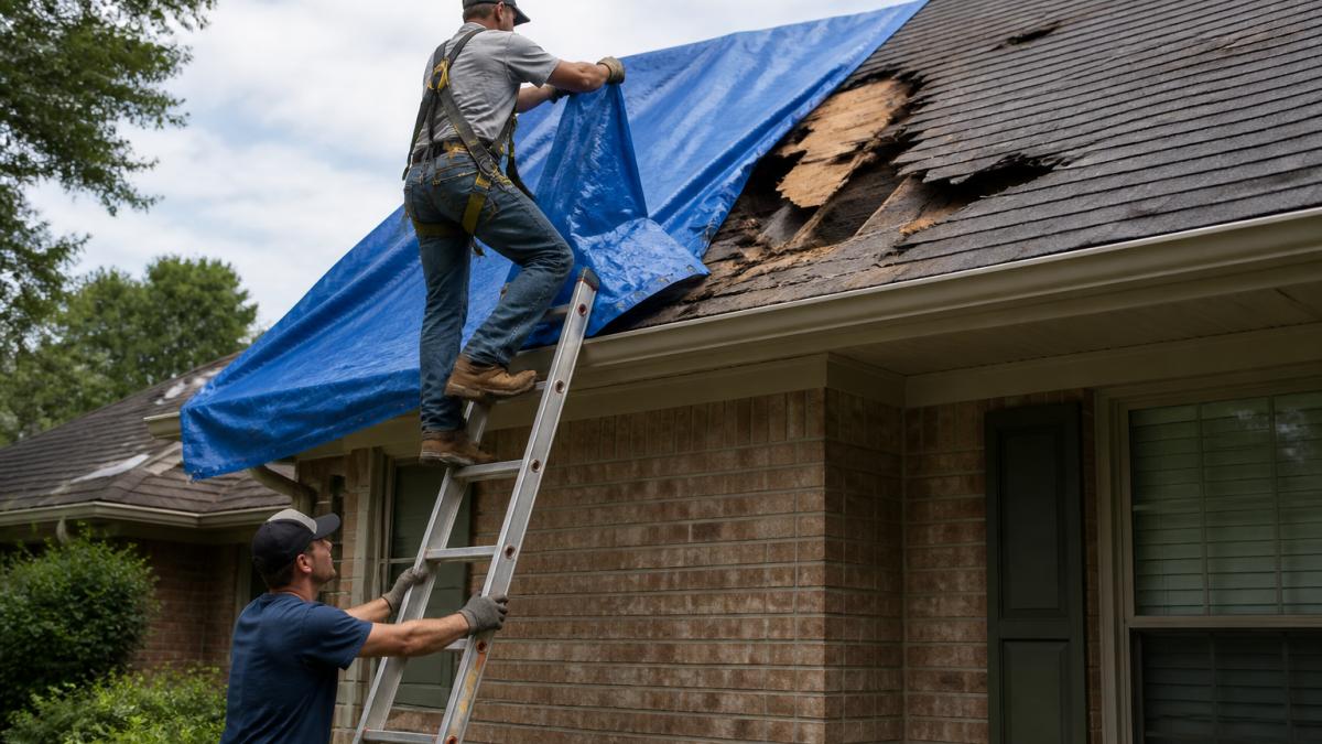 A homeowner wearing a safety harness and non-slip boots standing on a ladder, securing a blue tarp over a damaged shingle roof, with a spotter on the ground holding the ladder steady