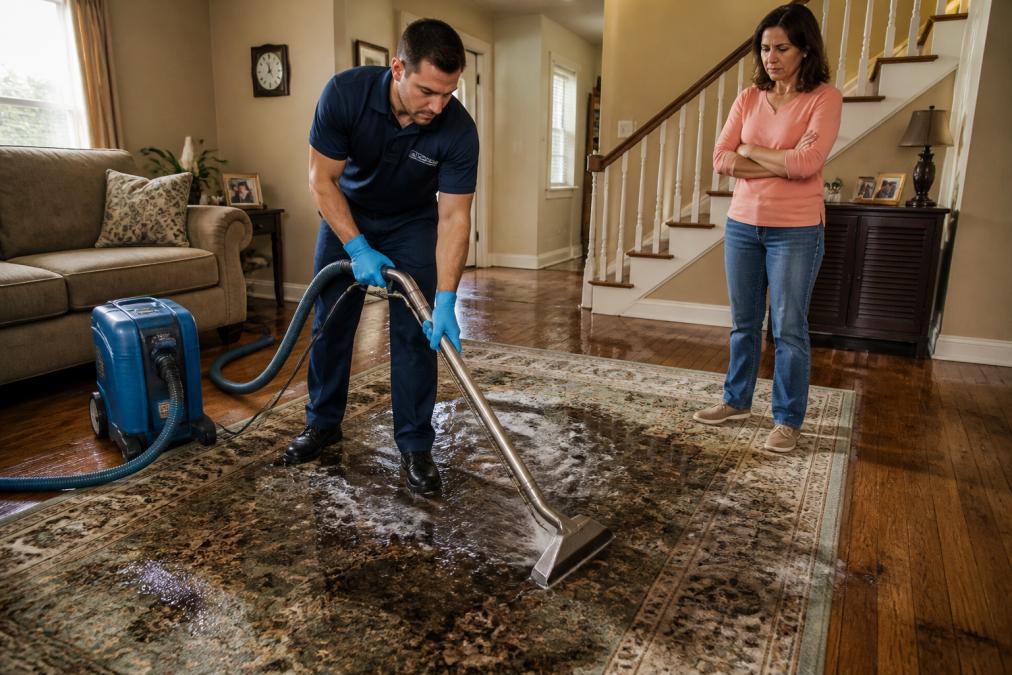 A uniformed technician using a professional water extraction machine on a wet area rug in a home living room, with a homeowner watching nearby