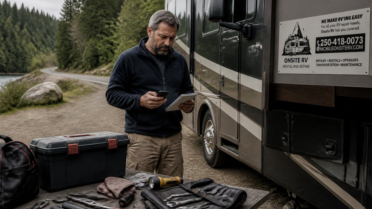 RV owner standing beside their motorhome with a notepad and phone in hand, preparing to call for emergency repair service on a quiet roadside